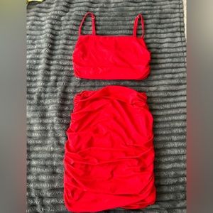 Red Runched Tank and Mini Skirt